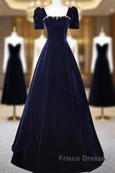 Navy Blue A-Line Velvet Long Evening Dress, Short Sleeves Beaded Formal Prom Dress