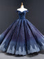 Navy Blue Ball Gown Leaf Appliques Beading Prom Dress