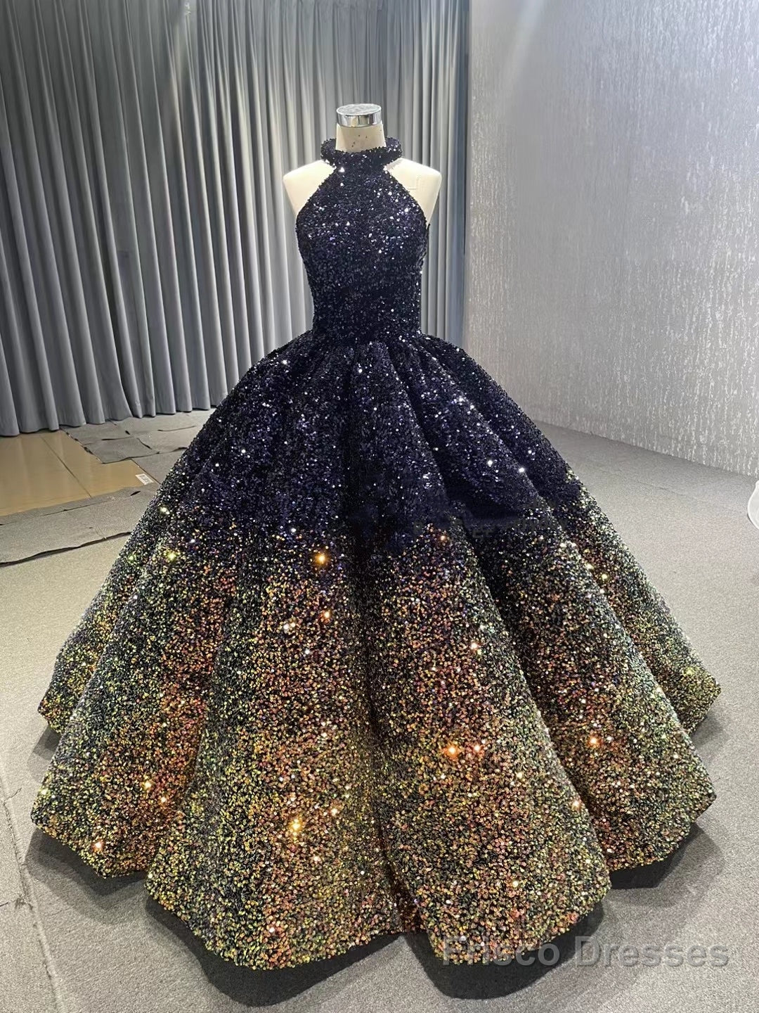 Navy Blue Gold Sequins Halter Prom Dress – Frisco Dresses