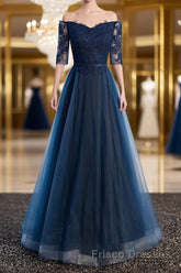 Navy Blue Half Sleeves Lace Long Formal Prom Dresses, Navy Blue Lace Formal Dresses