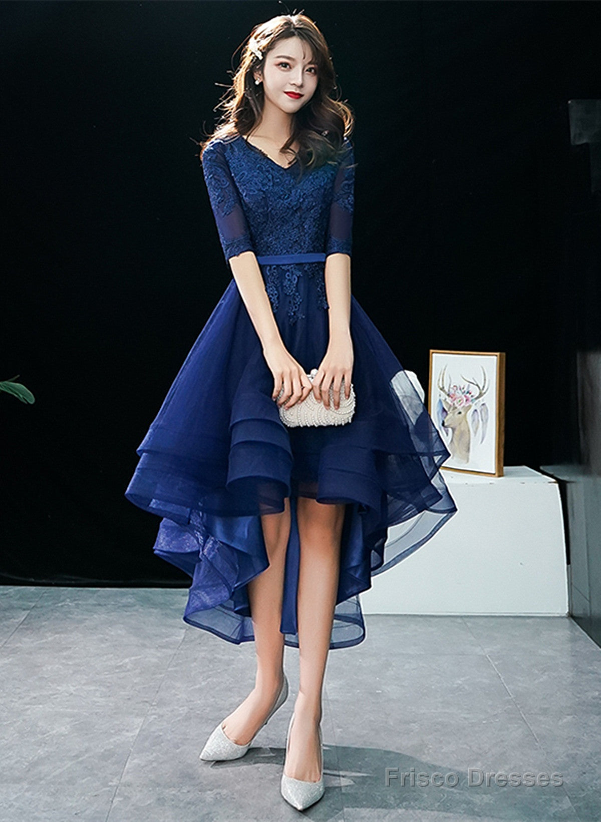 open lace back dress Navy Blue High Low Tulle With Lace Party Dress, Blue Homecoming Dress