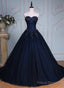 Navy Blue Lace Applique Tulle Long Party Dress, Blue Formal Gown