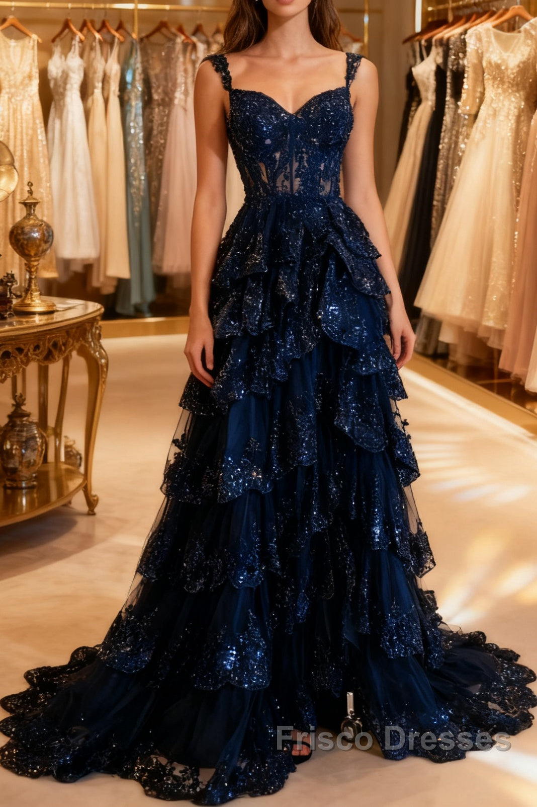 Navy Blue Lace Layered A Line Formal Prom Dress – Frisco Dresses