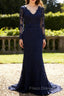 Navy Blue Lace Long Sleeves Applique Mermaid Long Fromal Prom Dress