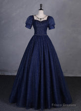 Navy Blue Round Neckline Short Sleeves Tulle Party Dress, Navy Blue Long Prom Dress