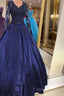 Navy Blue Satin Ball Gown Formal Prom Dress Lace Long Sleeves
