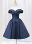 Navy Blue Satin Off Shoulder Knee Length Party Dress, Navy Blue Homecoming Dress