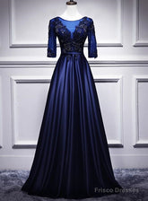 Navy Blue Satin With Lace Short Sleeves Long Prom Dresses, Blue Evening Dresses Formal Dress