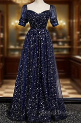 Navy Blue Simple Tulle Short Sleeves Formal Prom Dress, Navy Blue Long Evening Dress