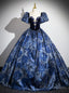 Navy Blue Sqwuare Puff Sleeve Crystal Quinceanera Dress