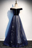 Navy Blue Tulle Off Shoulder Velvet Top Long Party Dress, Blue Evening Dress Prom Dress