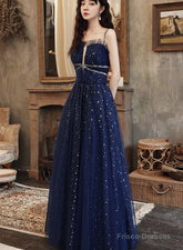 Navy Blue Tulle Straps Beaded Long Formal Dress, A-Line Blue Evening Dress