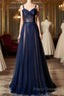 Navy Blue Tulle V Neck Long Women Formal Prom Dress, Lace Up Formal Dress