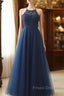 Navy Blue Tulle With Lace Applique Long Party Dress Formal Prom Dress Sleeveless Elegant