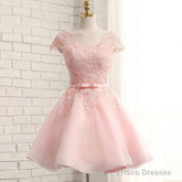 Newest Pink Lace Cap Sleeve A-Line Yarn Back With Bow Sash Pretty Junior Homecoming Dress