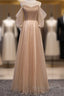 Noble And Elegant Champagne Beaded Long Sleeved Off Shoulder Ball Dress Champagne A-Line Princess Off Shoulder Strap And Floor Length Formal Prom Dress