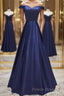 Off Shoulder Blue Satin Long Formal Prom Dresses, Off Shoulder Blue Formal Dresses, Blue Evening Dresses