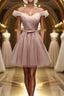 Off Shoulder Dusty Pink Tulle Short Formal Prom Homecoming Dresses, Short Pink Formal Graduation Evening Dresses