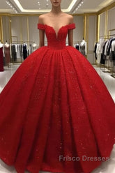 Off Shoulder Glitter Ball Gown Wedding Dress Red Sequin Bridal Wear