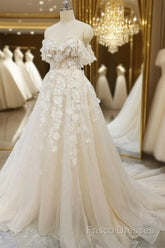 Off Shoulder Light Champagne Tulle Lace Long Formal Prom Dress, Light Champagne Lace Formal Dress A1583