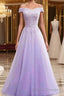 Off Shoulder Light Purple Lace Long Formal Prom Dresses, Off the Shoulder Lilac Lace Formal Dresses, Purple Evening Dresses