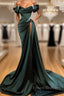 Off Shoulder Satin Green Slit Beading Mermaid Formal Prom Dress