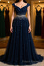 Off Shoulder Sequins Dark Blue Long Formal Prom Dresses, Dark Blue Formal Dresses, Off Shoulder Evening Dresses