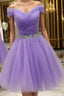 Off Shoulder Sequins Lilac Short Formal Prom Dresses Homecoming Dresses, Off Shoulder Lilac Lavender Formal Graduation Evening Dresses