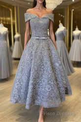 Off Shoulder Tea Length Gray Lace Formal Prom Dresses, Off the Shoulder Gray Homecoming Dresses, Gray Lace Formal Evening Dresses