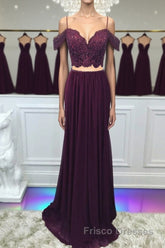 Off Shoulder Two Pieces Purple Lace Long Formal Prom Dresses, 2 Pieces Purple Formal Dresses, Purple Lace Evening Dresses