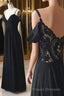 Off Shoulder V Neck Black Lace Long Formal Prom Dresses, Off Shoulder Black Formal Dresses, Black Lace Evening Dresses