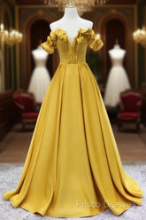 Off Shoulder V Neck Yellow Satin Long Formal Prom Dress, Off The Shoulder Yellow Formal Dress, Yellow Formal Dress