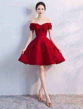 Off Shoulder Wine Red Short Beaded Homecoming Dress, Short Prom Dress, Graduation Party Dress