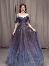 Off The Shoulder Blue Purple Ombre Tulle Prom Dresses, Blue Purple Ombre Formal Graduation Dresses