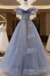Off The Shoulder Blue Tulle A Line Long Formal Prom Dress