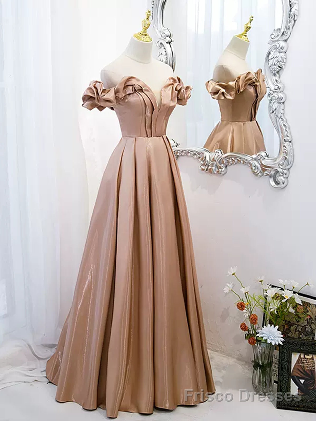 champagne gowns & formal dresses Off the Shoulder Champagne Satin Prom Dresses, Champagne Long Formal E –  Frisco Dresses