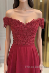 Off The Shoulder Floor Length Burgundy Lace Formal Prom Dress, Burgundy Off Shoulder Lace Bridesmaid Dress