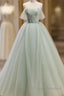 Off The Shoulder Green Tulle Long Formal Prom Dress, Green Long Formal Evening Dress