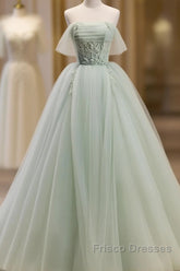 Off The Shoulder Green Tulle Long Formal Prom Dress, Green Long Formal Evening Dress
