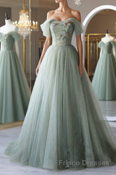 Off the Shoulder Green Tulle Long Formal Prom Dresses, Green Tulle Off Shoulder Formal Evening Dresses