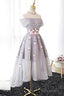 Off-The-Shoulder High Low Grey Tulle Homecoming Dress With Appliques