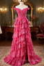 Off The Shoulder Hot Pink Sequin Tiered Formal Prom Dress With Slit