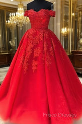 Off The Shoulder Lace Red Formal Prom Dress A Line Sequin Formal Gowns