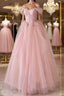 Off the Shoulder Pink Tulle Formal Prom Dresses, Pink Tulle Long Formal Graduation Dresses