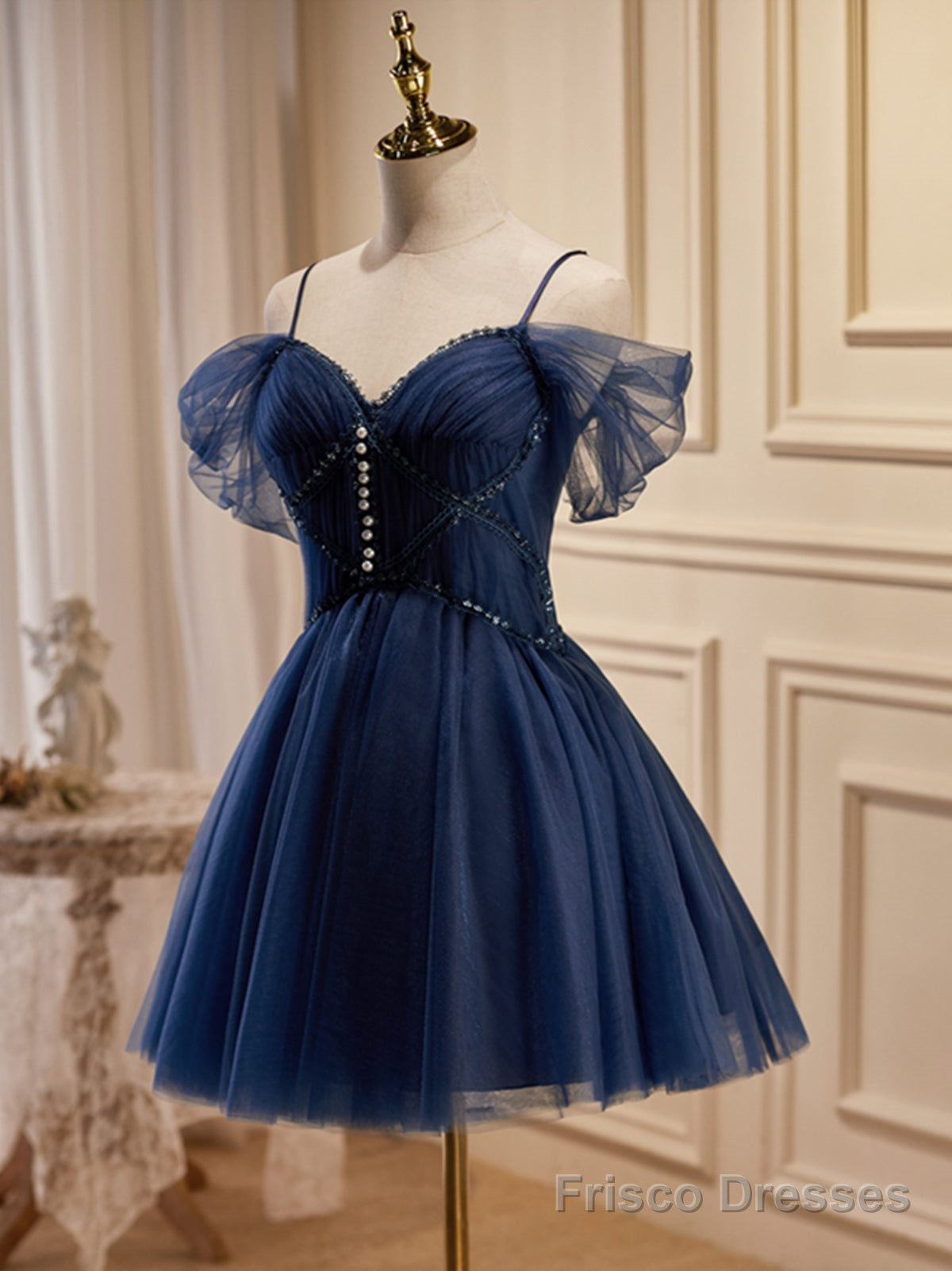 Off the Shoulder Short Navy Blue Prom Dresses, Dark Blue Off Shoulder Frisco Dresses Off the Shoulder Short Navy Blue Prom Dresses, Dark Blue Off Shoulder Frisco Dresses