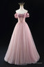 Off the Shoulder Sweetheart Beaded Tulle Long Prom Dress, A-Line Pink Evening Dress