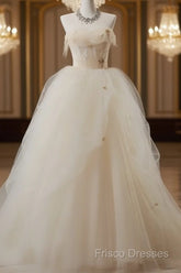 Off-White A-Line Straps Tulle Long Formal Prom Dress Simple Applique Wedding Dress