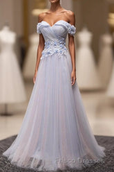 Light Blue Tulle Lace Long Formal Prom Dress, Lace Evening Dress