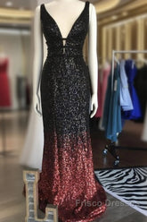 Ombre Mermaid V-Neck Court Train Formal Prom Sequins Dress