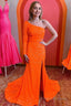 One Shouder Long Sleeves Sequins Mermaid Prom Dress with Slit